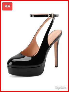 Platform Stiletto High Heels Slingback Ankle Strap Faux Leather Pumps